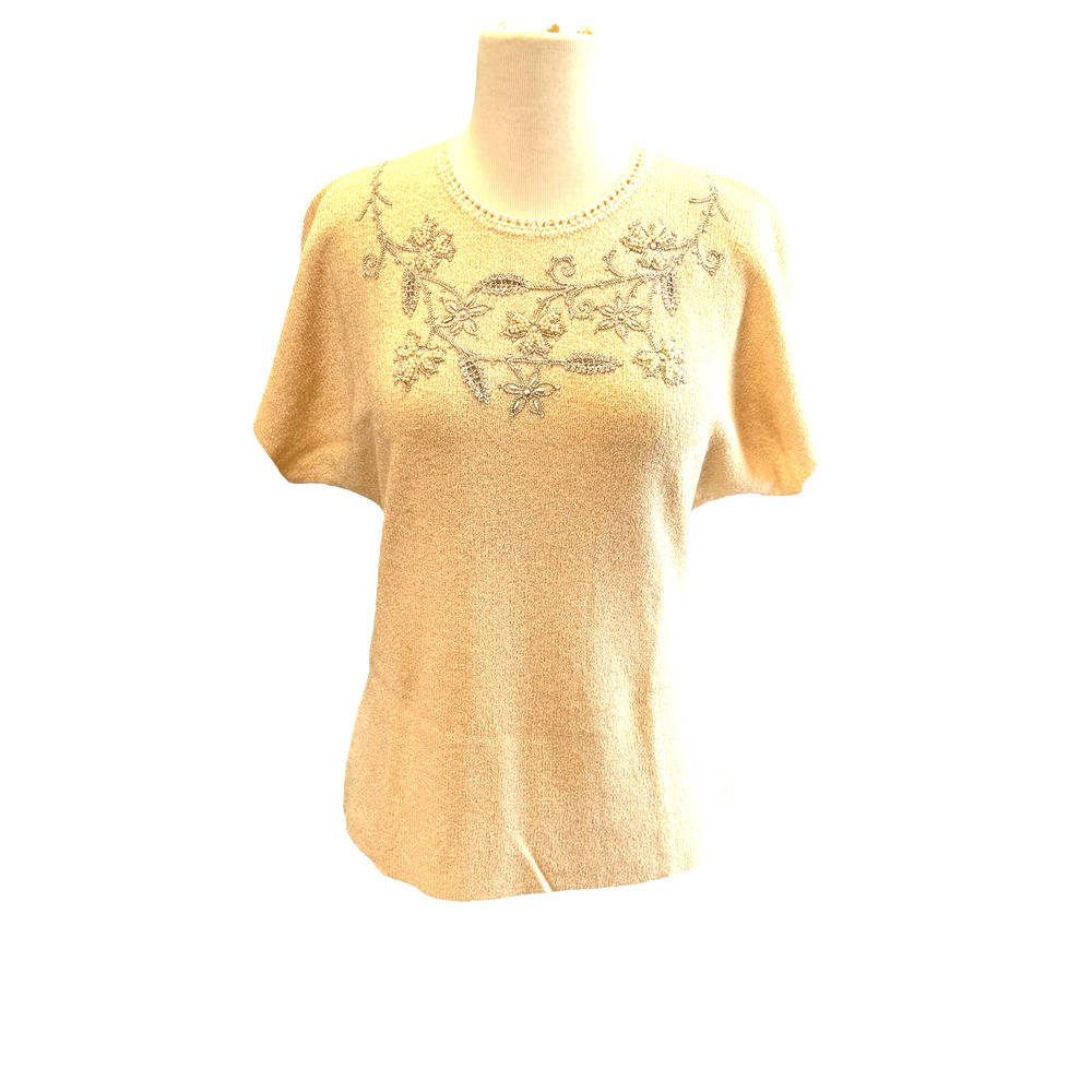 Vtg 1950s Tobi Of California Ivory Knit Boucle Sweater Shirt Pearls Sequin S M